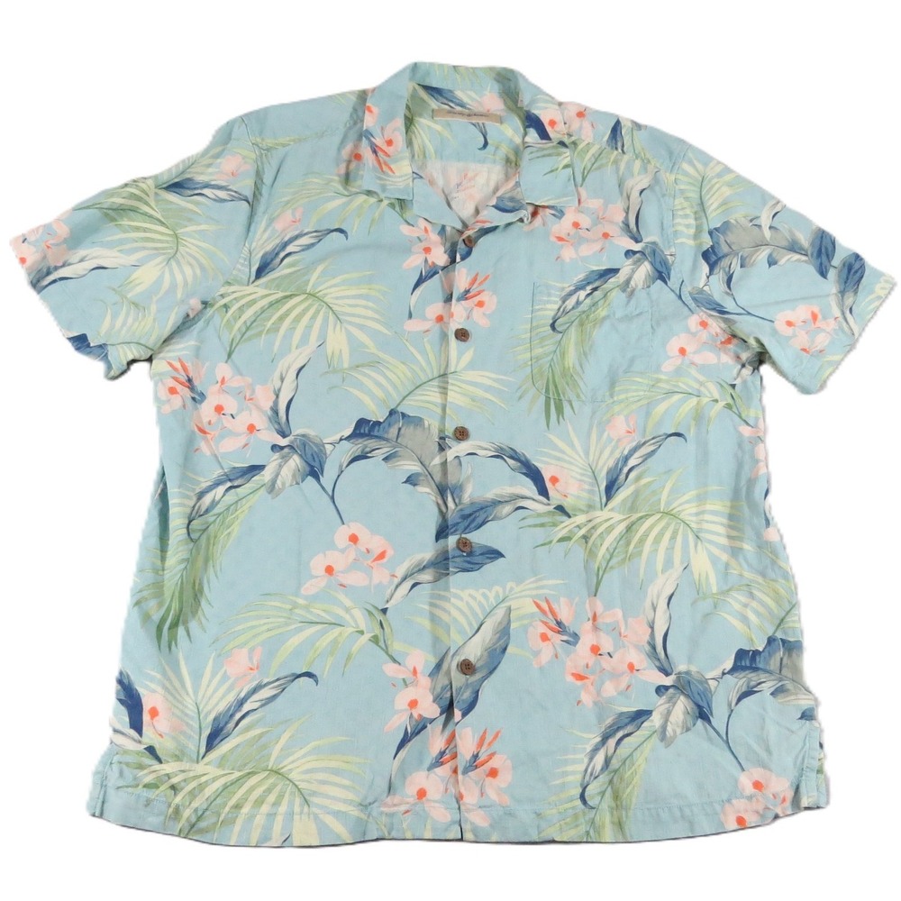 Tommy Bahama Silk Hawaiian Shirt Men XL Blue‎ Hibiscus Palm Camp Aloha Tropical